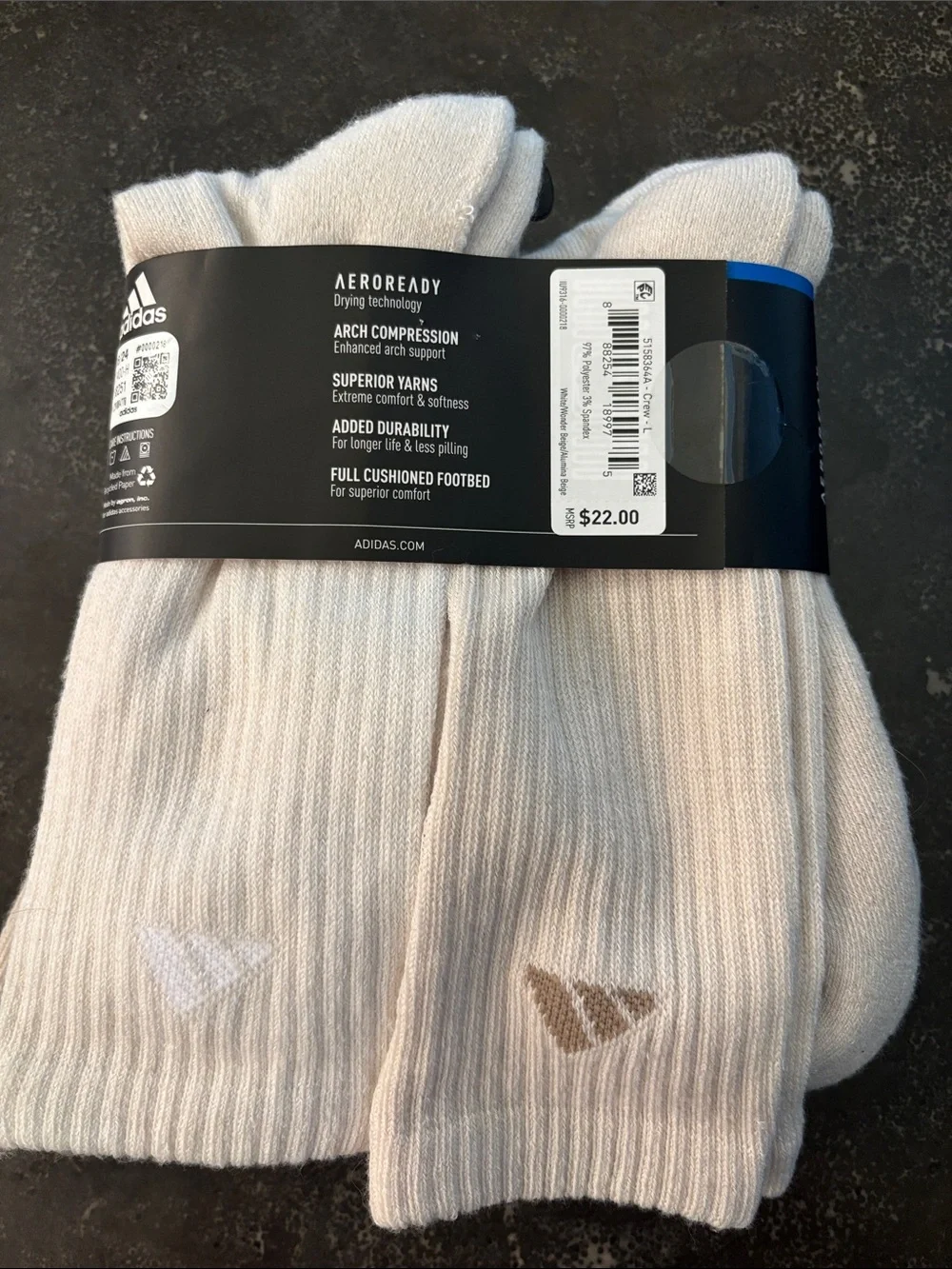 Adidas Aeroready Cushioned Crew Socks – Men's 5 Pair Pack – White/Beige/Alumina